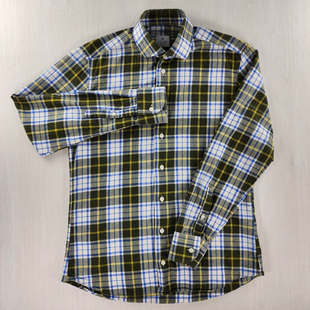 Lauro Napoli Shirt Mens 15.75 40 Olive Blue Plaid 100% Cotton Made in Italy - Picture 2 of 10